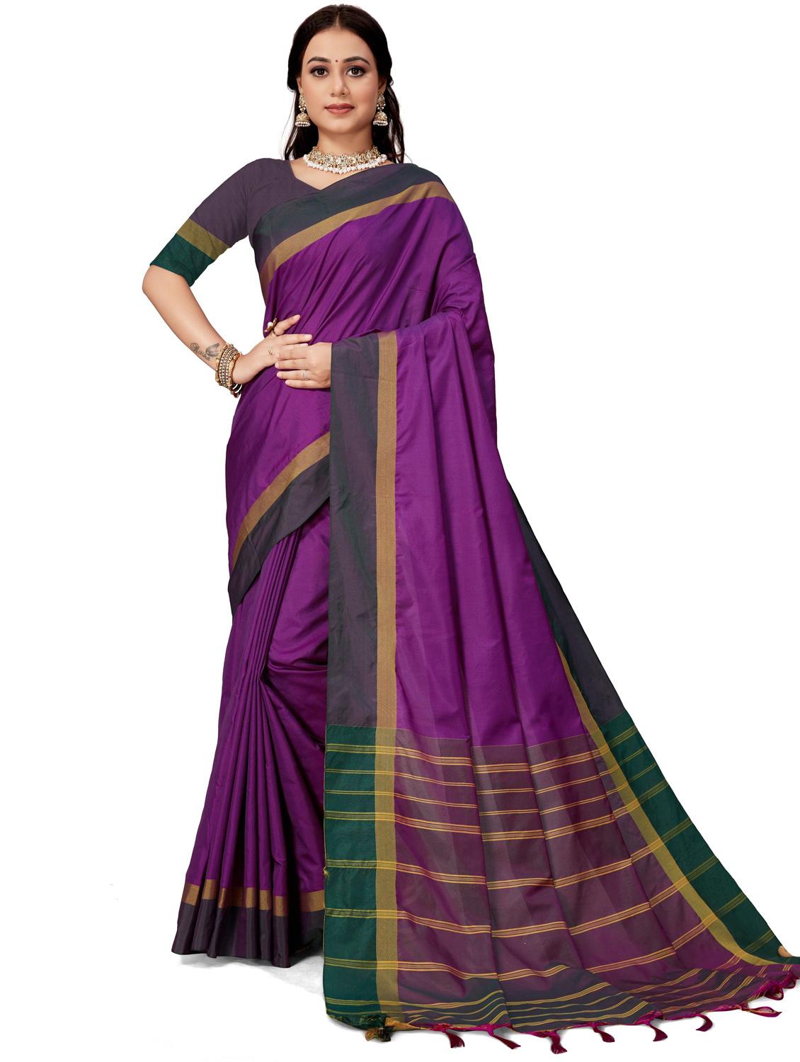women purple solid cotton blend saree with blouse - 20240569 -  Zoom Image - 0