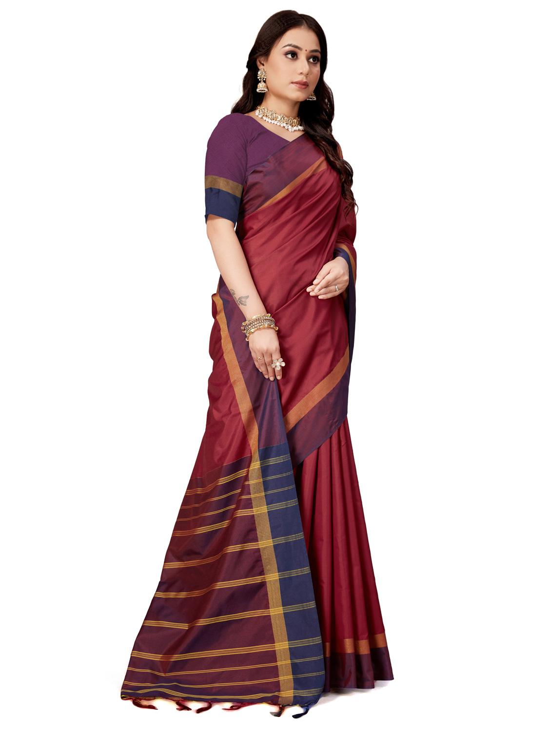 maroon colored bordered saree with blouse - 20240570 - Standard Image - 3