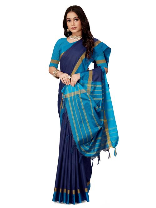 dark blue solid cotton blend saree - 20240571 -  Standard Image - 0
