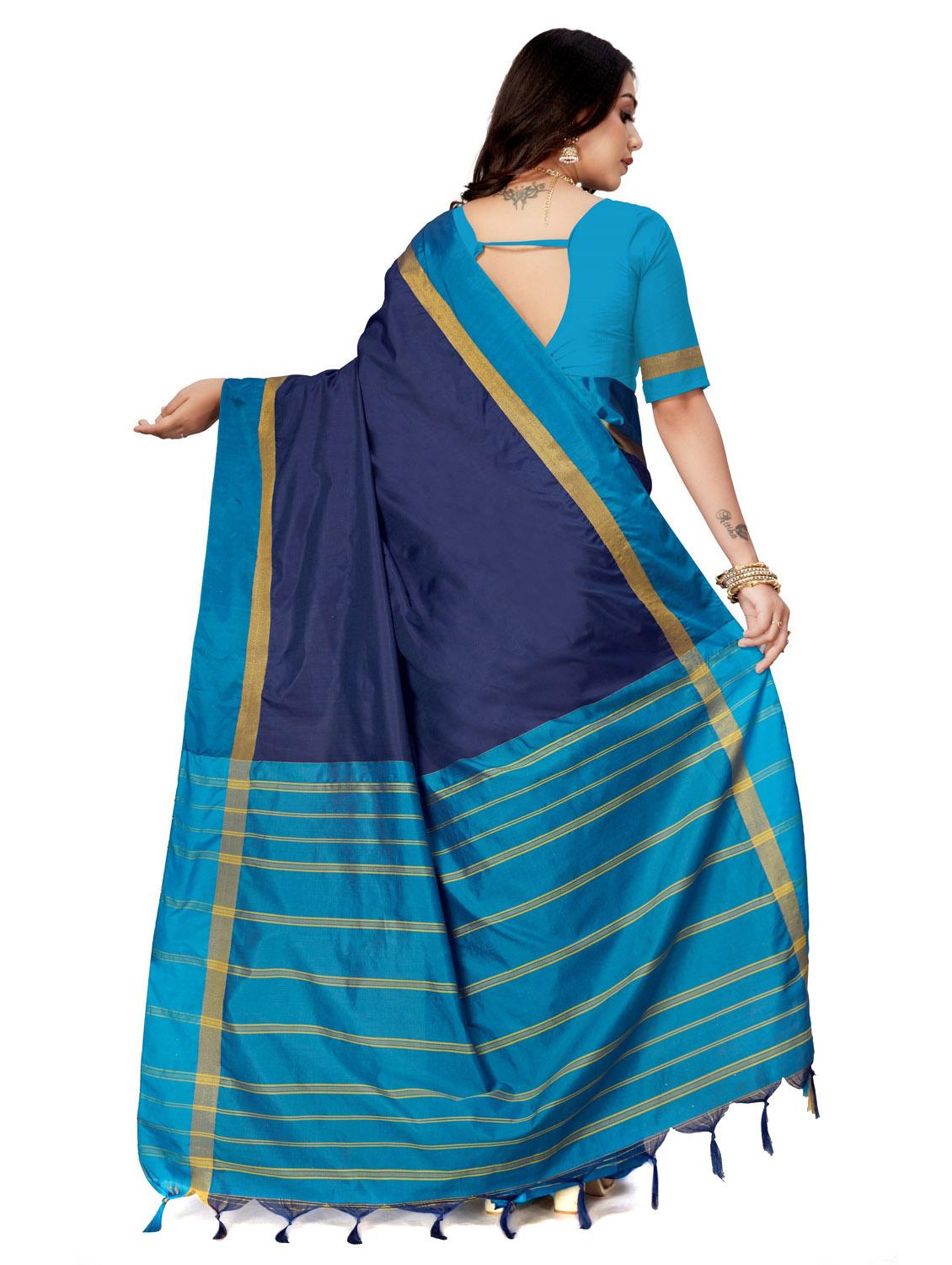 dark blue solid cotton blend saree - 20240571 - Standard Image - 3