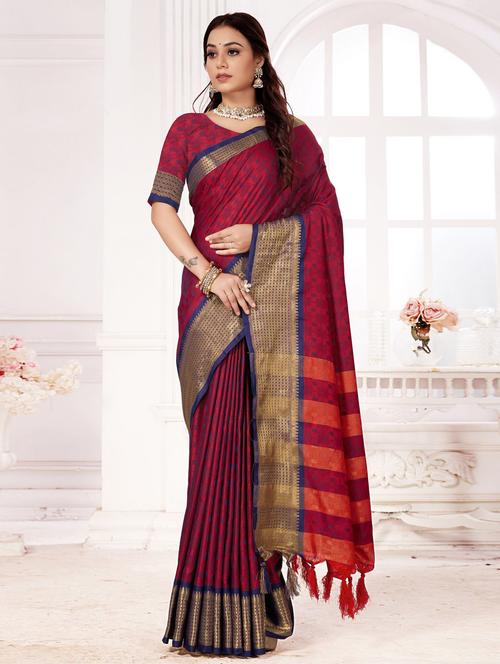 zari work maroon banarasi saree with blouse - 20240576 - Standard Image - 0