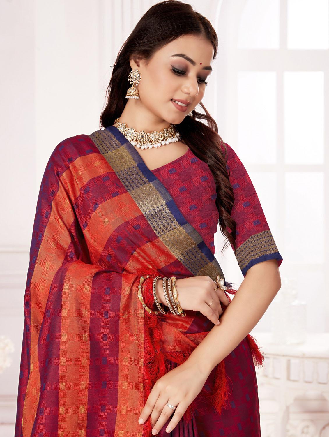 zari work maroon banarasi saree with blouse - 20240576 - Standard Image - 3