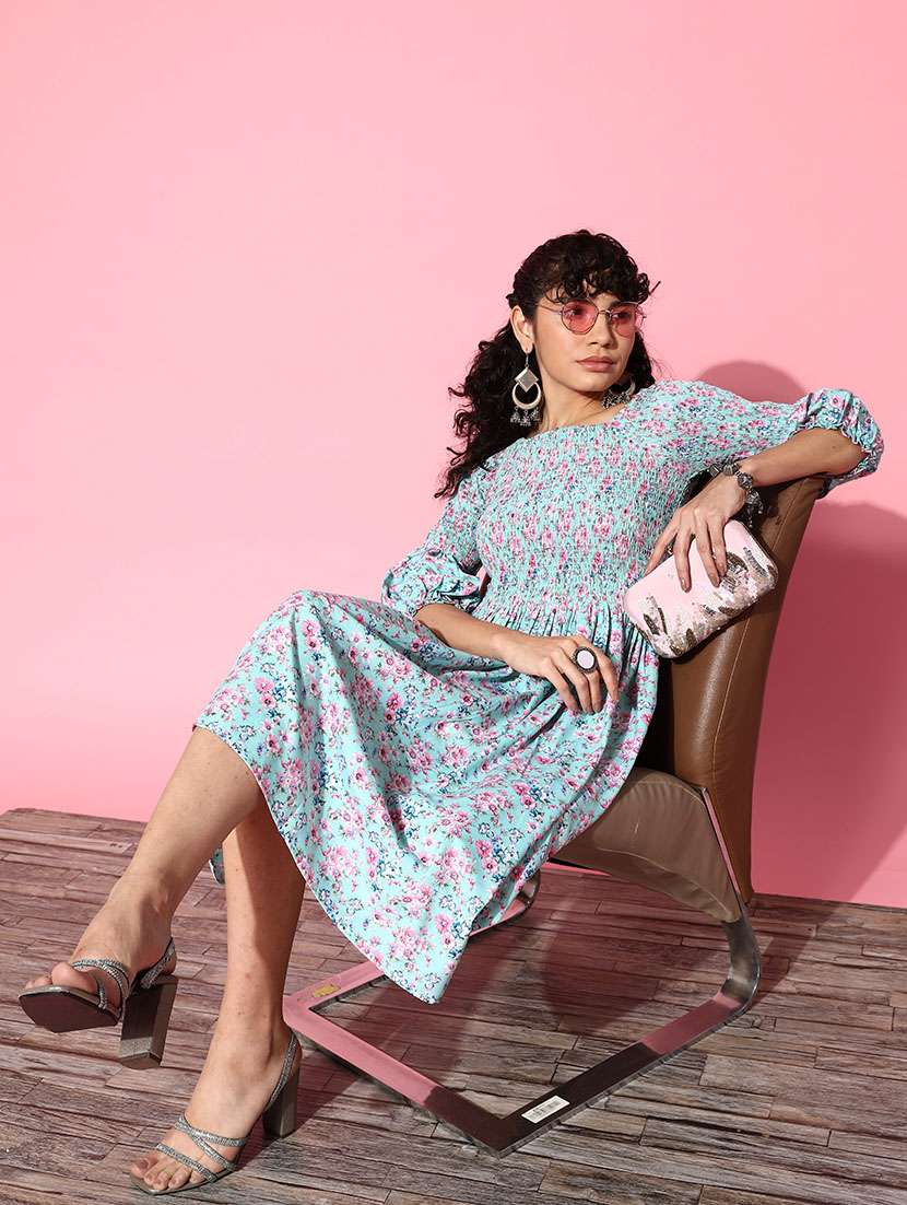 women light blue florals printed flared dress - 20242955 -  Standard Image - 3