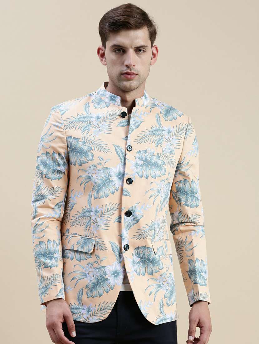 men cream tropical print cotton single breasted casual blazer