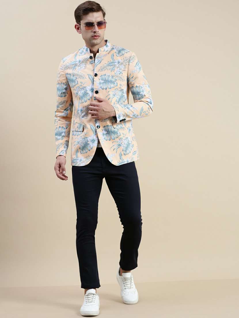 men cream tropical print cotton single breasted casual blazer - 20245395 -  Standard Image - 3