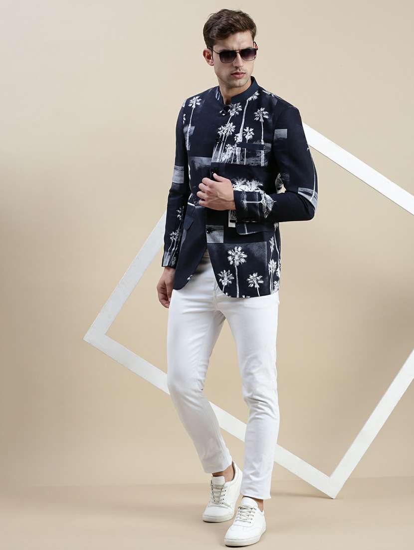 men navy blue printed cotton single breasted casual blazer - 20245403 -  Standard Image - 3