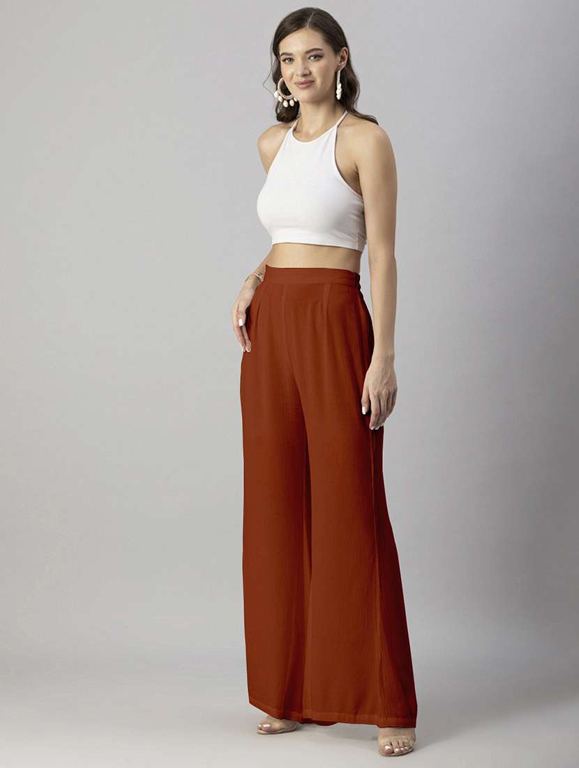 women solid high rise wide leg trouser - 20245411 - Standard Image - 3