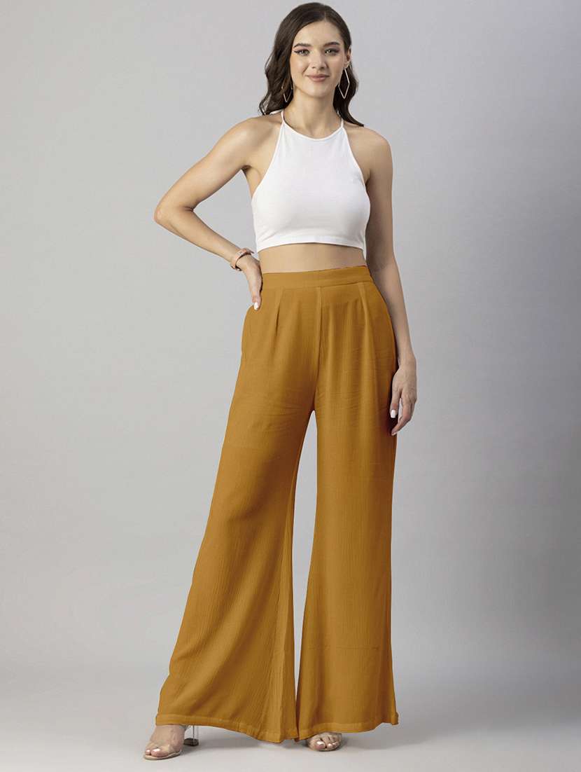 women solid high rise wide leg trouser