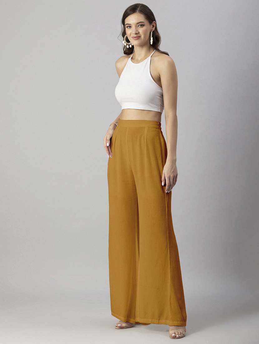 women solid high rise wide leg trouser - 20245414 -  Standard Image - 3