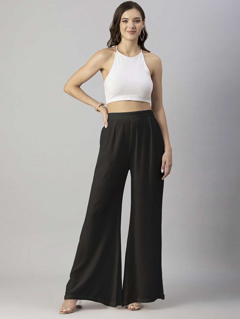 women solid high rise wide leg trouser