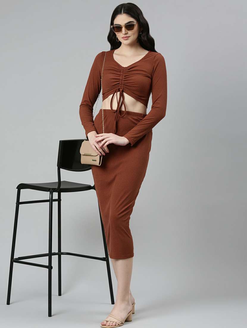 brown solid top and skirt co-ord set - 20249123 -  Standard Image - 3