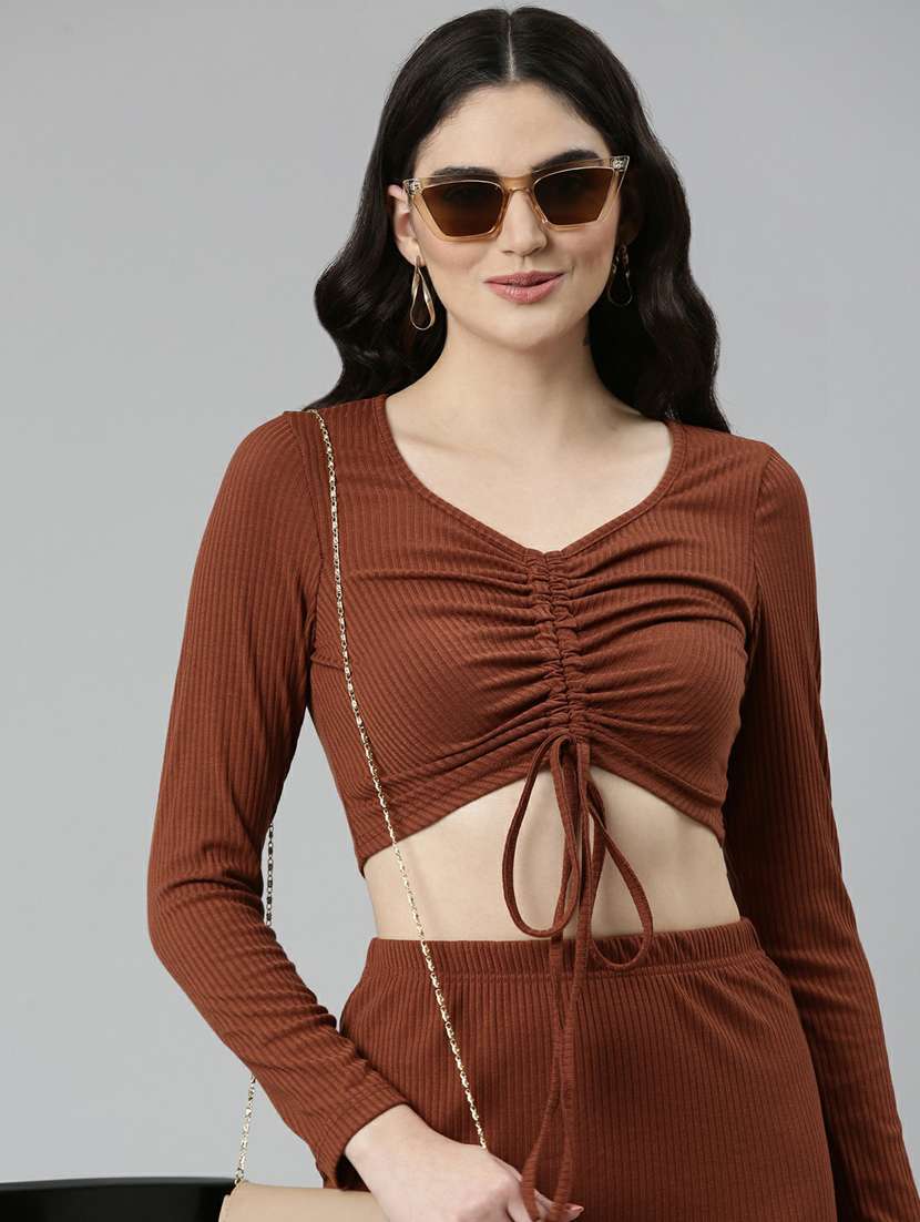 brown solid top and skirt co-ord set - 20249123 -  Standard Image - 5