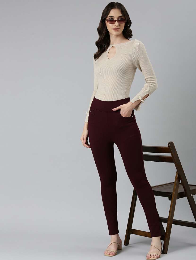 brown solid ankle length jegging - 20249126 -  Standard Image - 3
