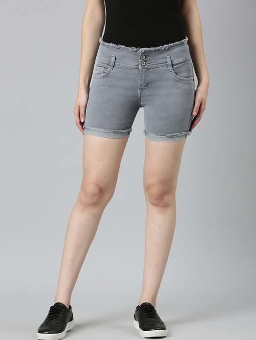 grey solid slim fit denim shorts  - 20249280 -  Standard Image - 0