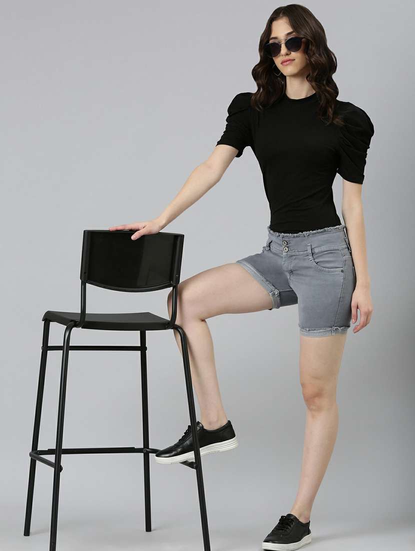 grey solid slim fit denim shorts  - 20249280 -  Standard Image - 3