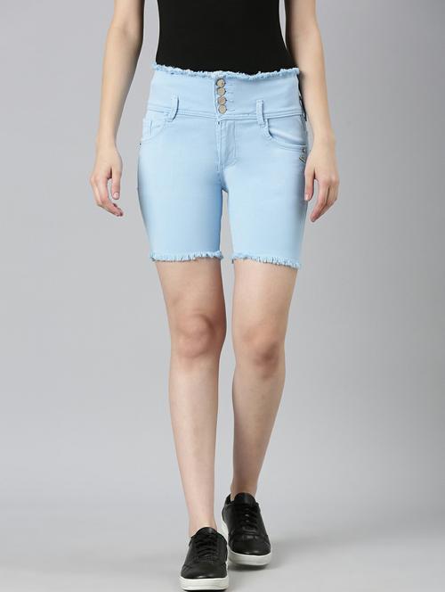 light blue solid slim fit denim shorts - 20249285 - Standard Image - 0