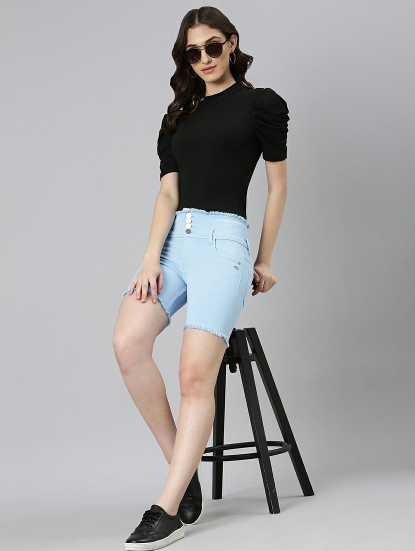 light blue solid slim fit denim shorts - 20249285 - Standard Image - 3