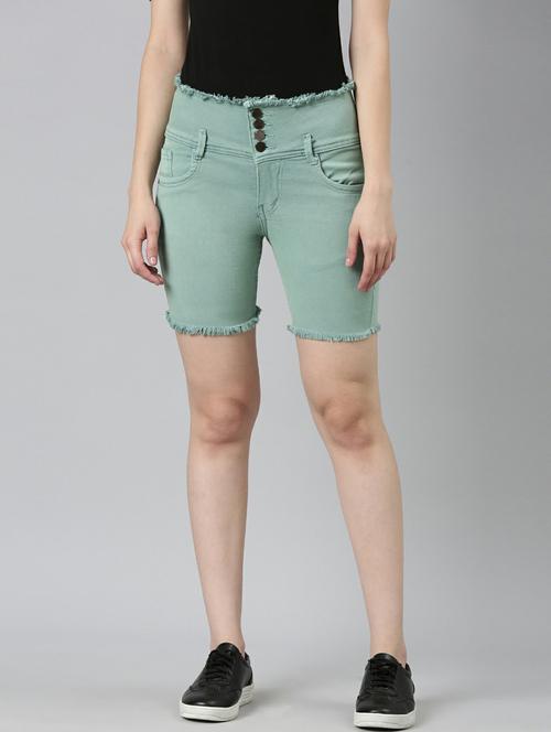 green solid above knee denim shorts - 20249286 - Standard Image - 0