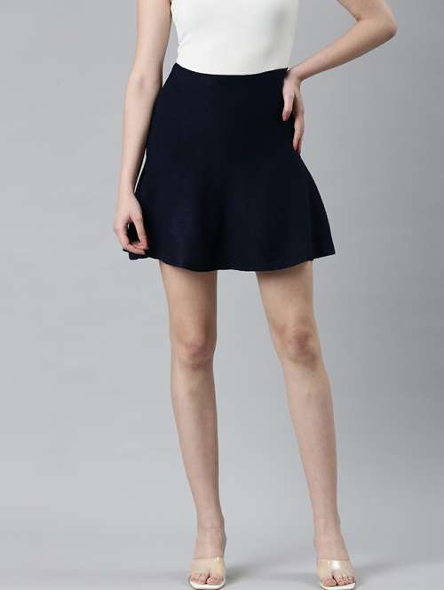 navy blue solid high rise skater skirt - 20249448 - Standard Image - 0
