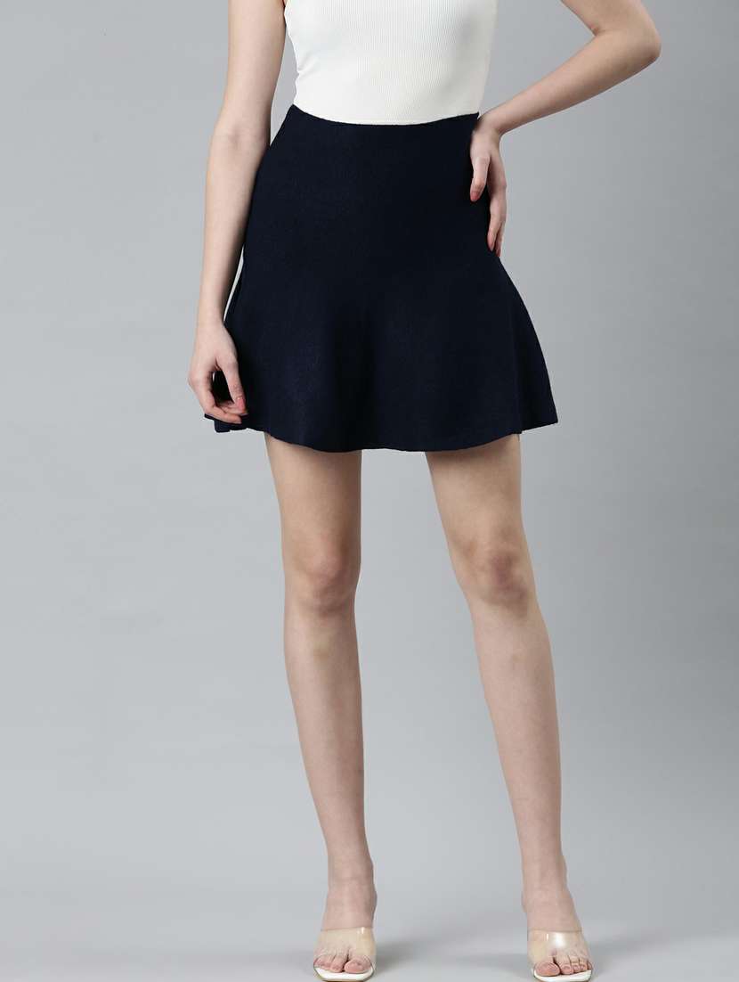 navy blue solid high rise skater skirt - 20249448 - Zoom Image - 0