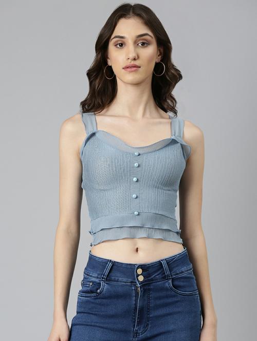 blue solid shoulder strap crop top - 20249458 - Standard Image - 0