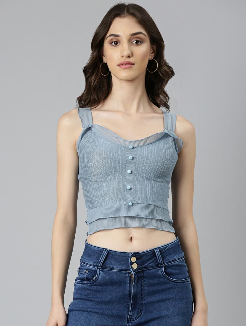 blue solid shoulder strap crop top - 20249458 - Zoom Image - 0