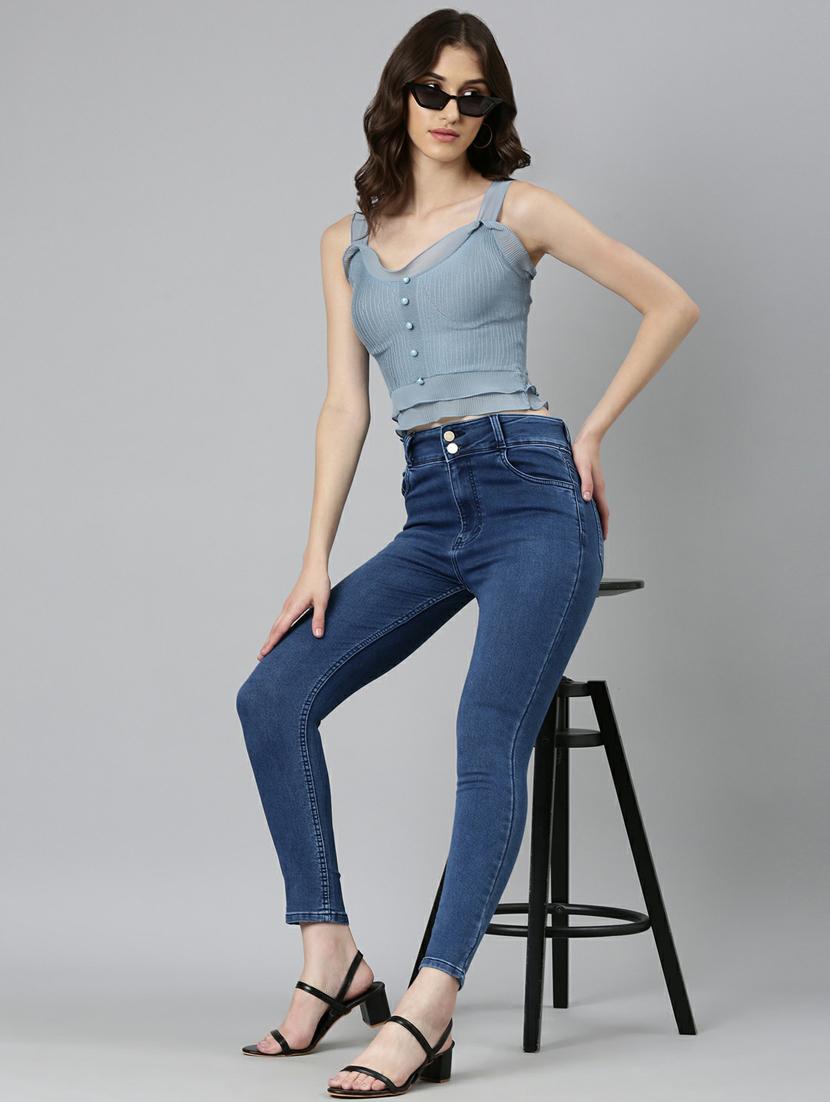 blue solid shoulder strap crop top - 20249458 - Standard Image - 3