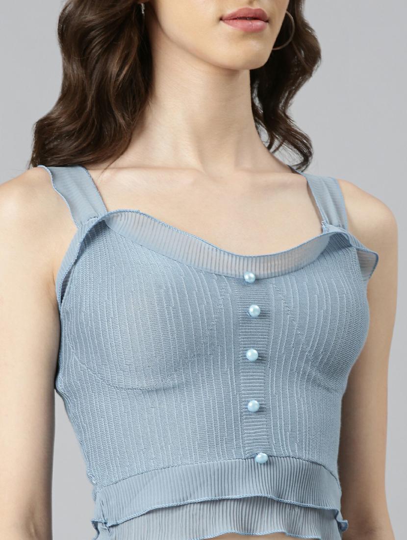 blue solid shoulder strap crop top - 20249458 - Standard Image - 5