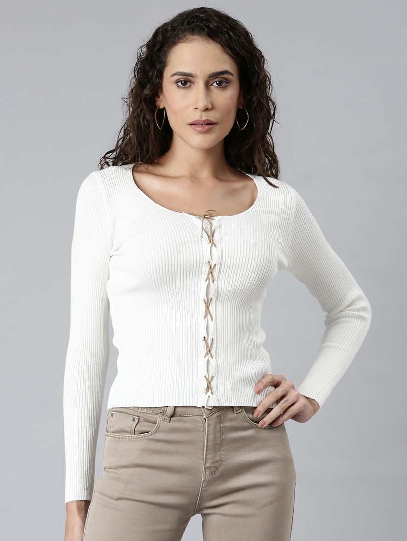 white scoop neck acrylic women's casual top