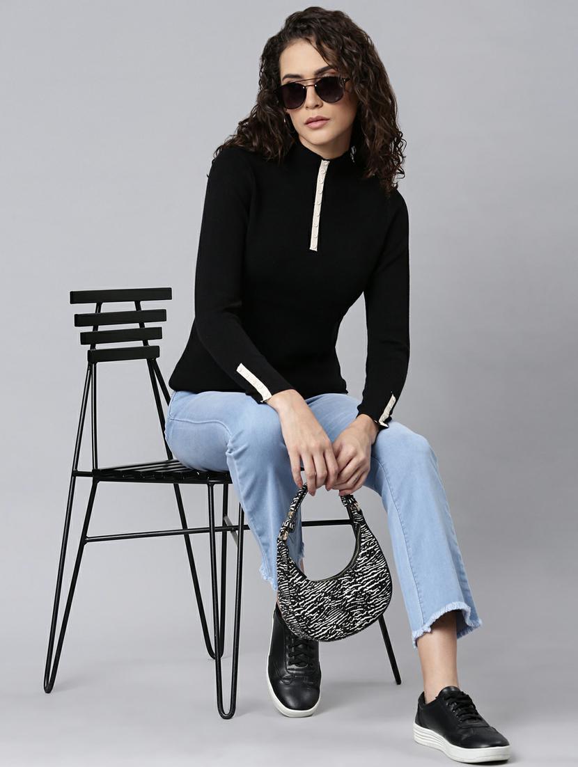 high neck full sleeve acrylic black women's casual top - 20249464 - Standard Image - 3
