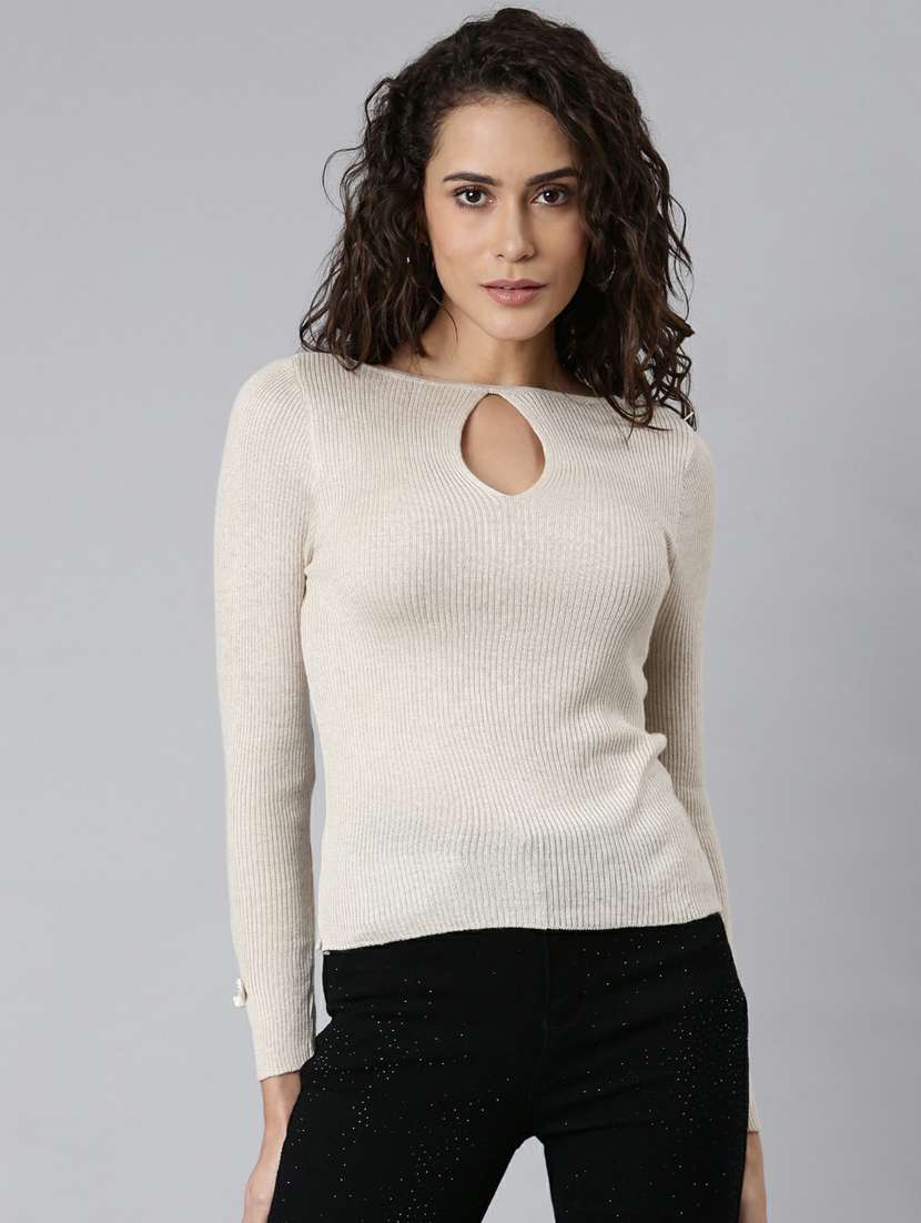 beige solid key hole neck regular fit top