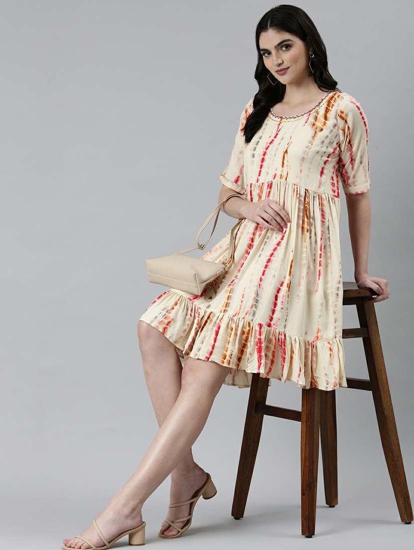 beige tie & dyed fit & flare dress - 20249514 -  Standard Image - 3