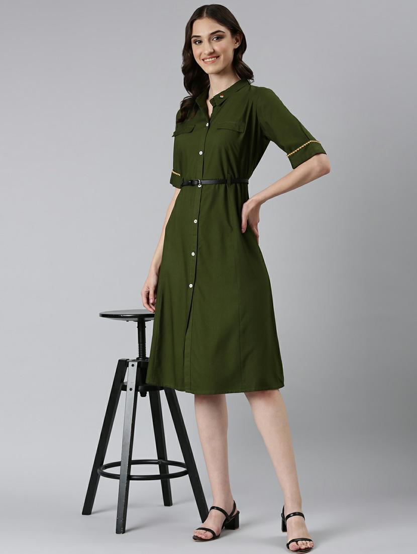 olive solid short sleeves a-line dress with belt - 20249521 - Standard Image - 3