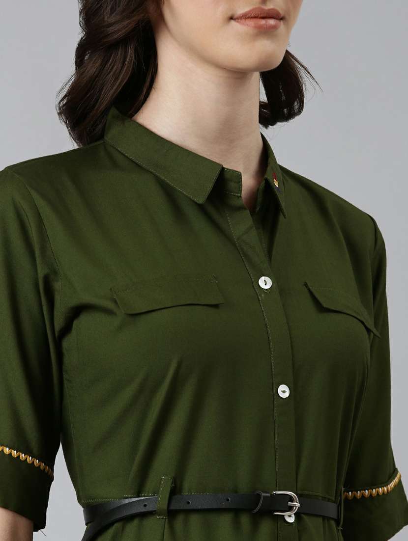 olive solid short sleeves a-line dress with belt - 20249521 - Standard Image - 5