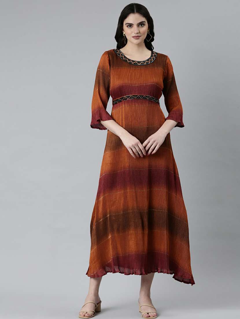 brown ombre print round neck a-line dress - 20249523 - Zoom Image - 0
