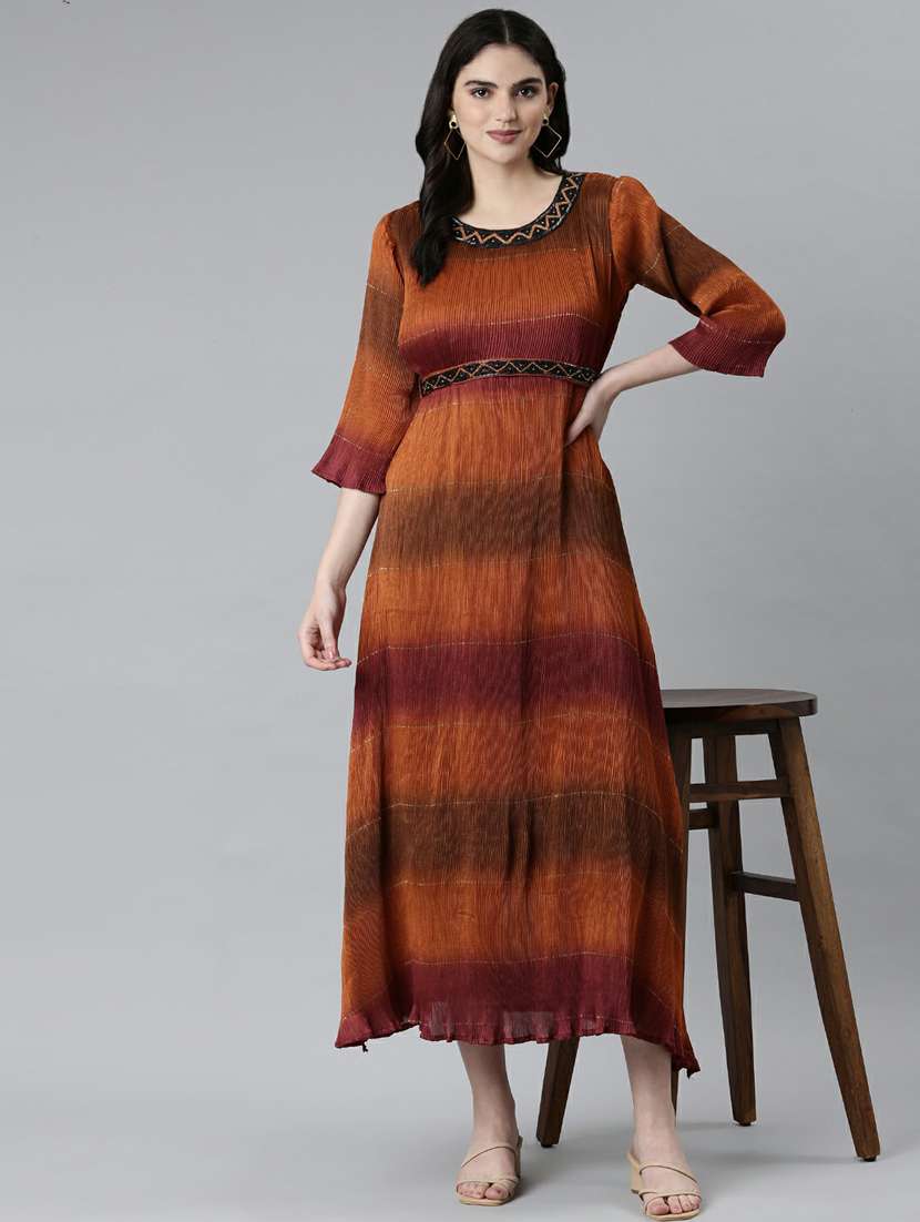 brown ombre print round neck a-line dress - 20249523 - Standard Image - 3