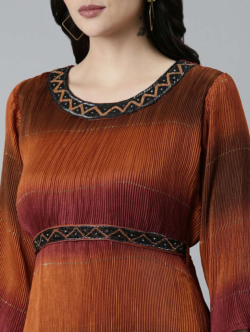 brown ombre print round neck a-line dress - 20249523 - Standard Image - 5