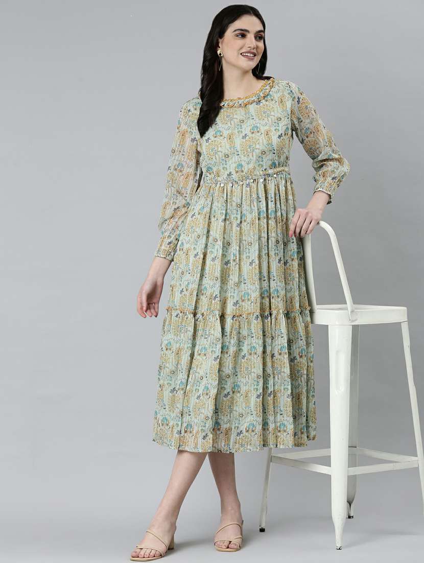 green floral fit & flare ethnic dress - 20249524 -  Standard Image - 3