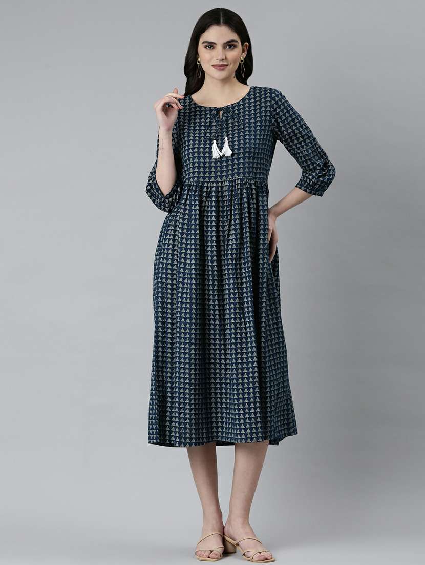 navy blue geometric fit & flare dress