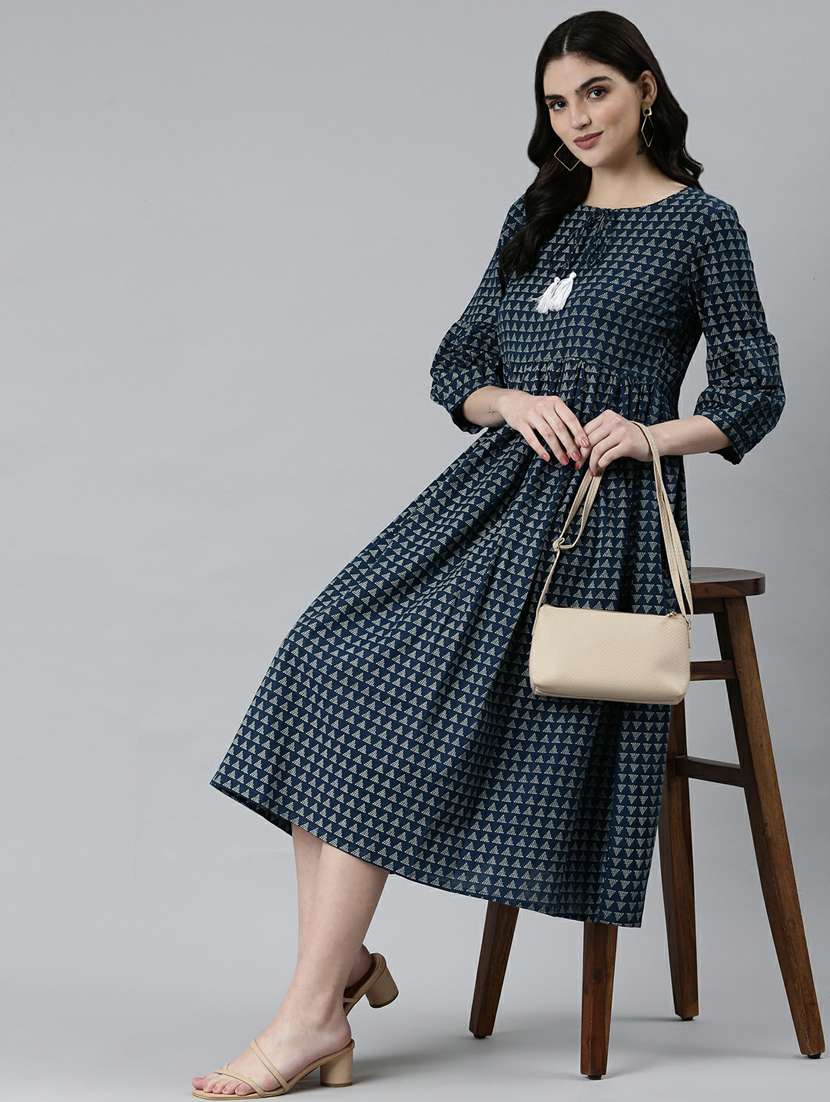 navy blue geometric fit & flare dress - 20249529 -  Standard Image - 3