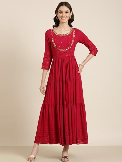 red solid with work tiered ethnic dress - 20249533 - Standard Image - 0