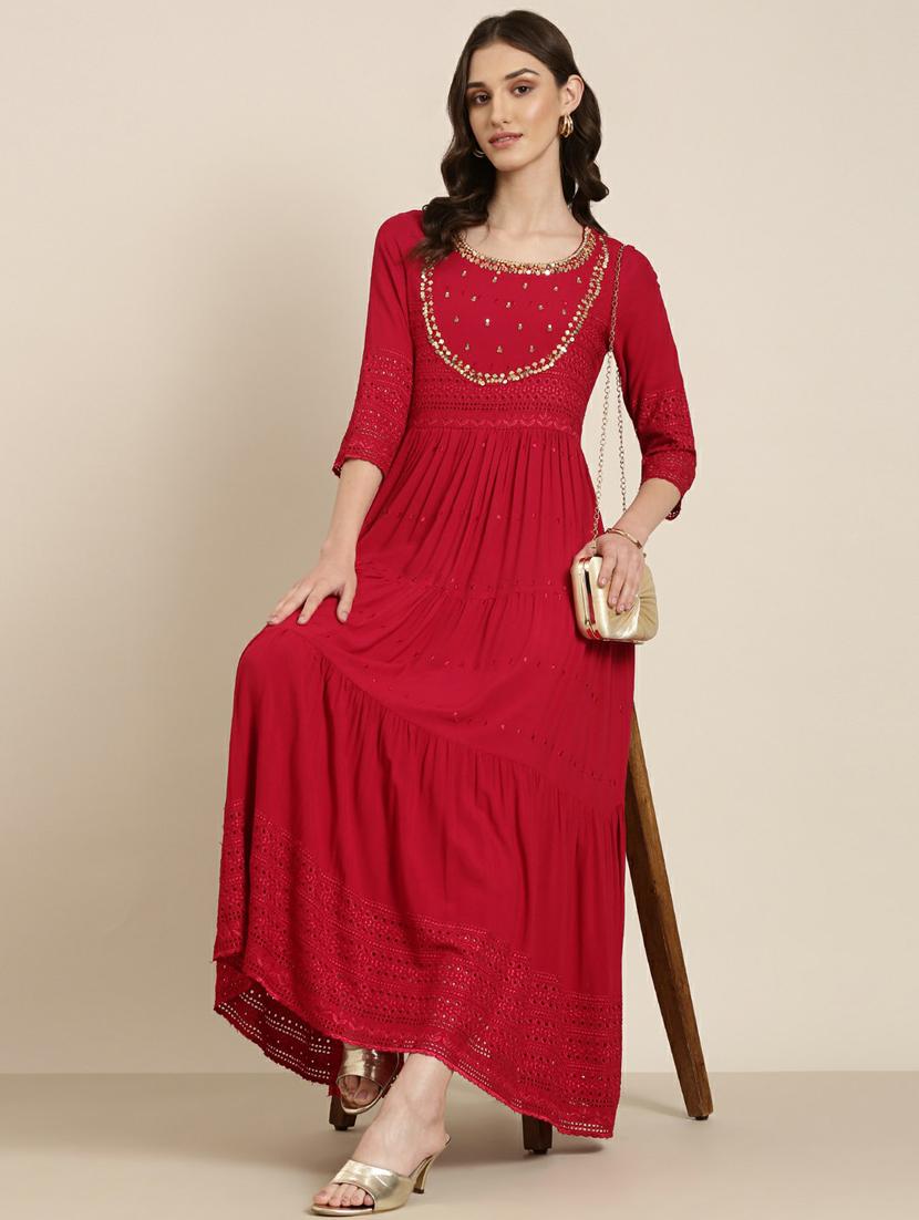 red solid with work tiered ethnic dress - 20249533 - Standard Image - 3