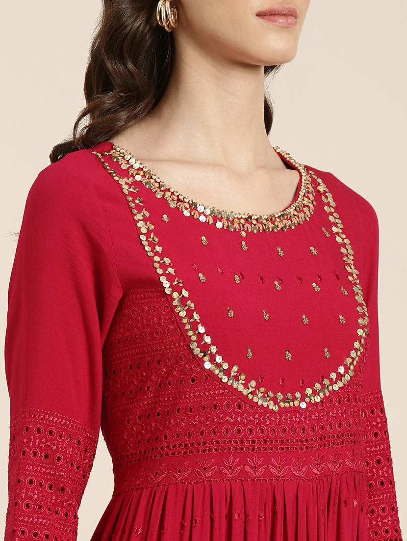 red solid with work tiered ethnic dress - 20249533 - Standard Image - 5