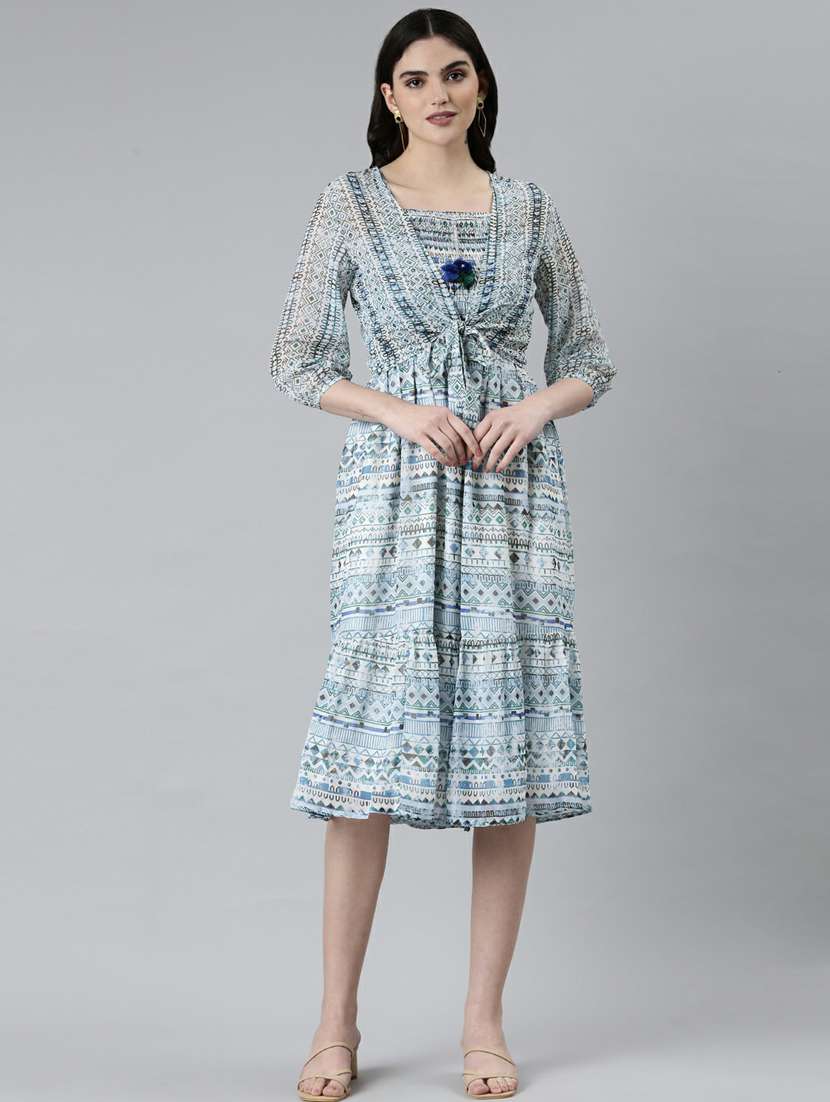 blue printed fit & flare dress