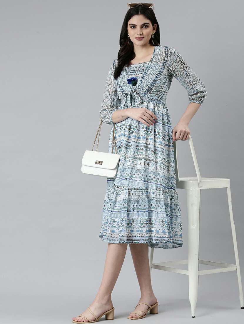 blue printed fit & flare dress - 20249546 -  Standard Image - 3