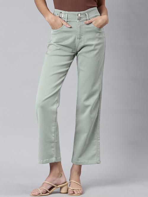 showoff women's high-rise stretchable cropped green straight fit jeans - 20249573 -  Standard Image - 0