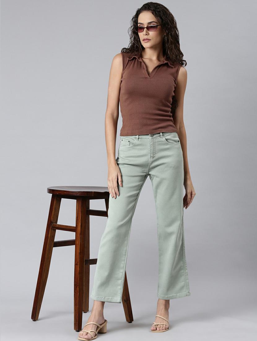 showoff women's high-rise stretchable cropped green straight fit jeans - 20249573 - Standard Image - 3