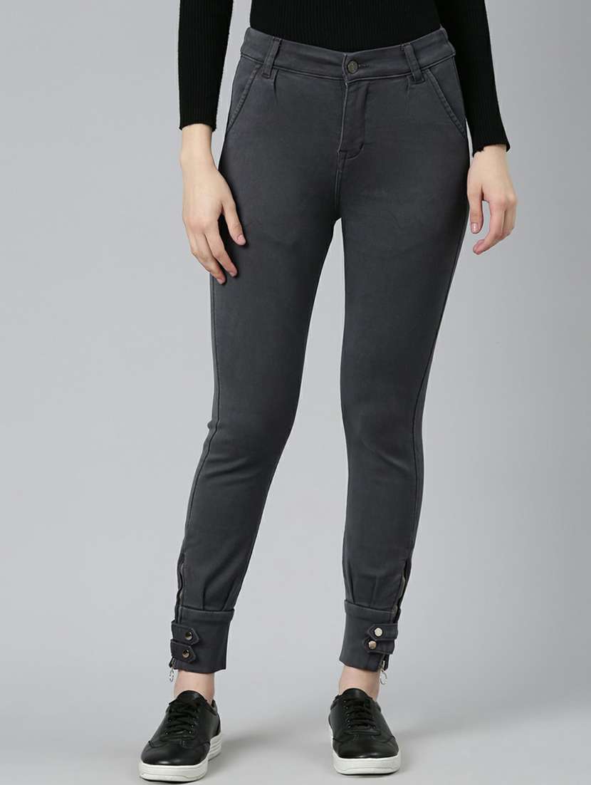 women grey plain jogger fit jeans