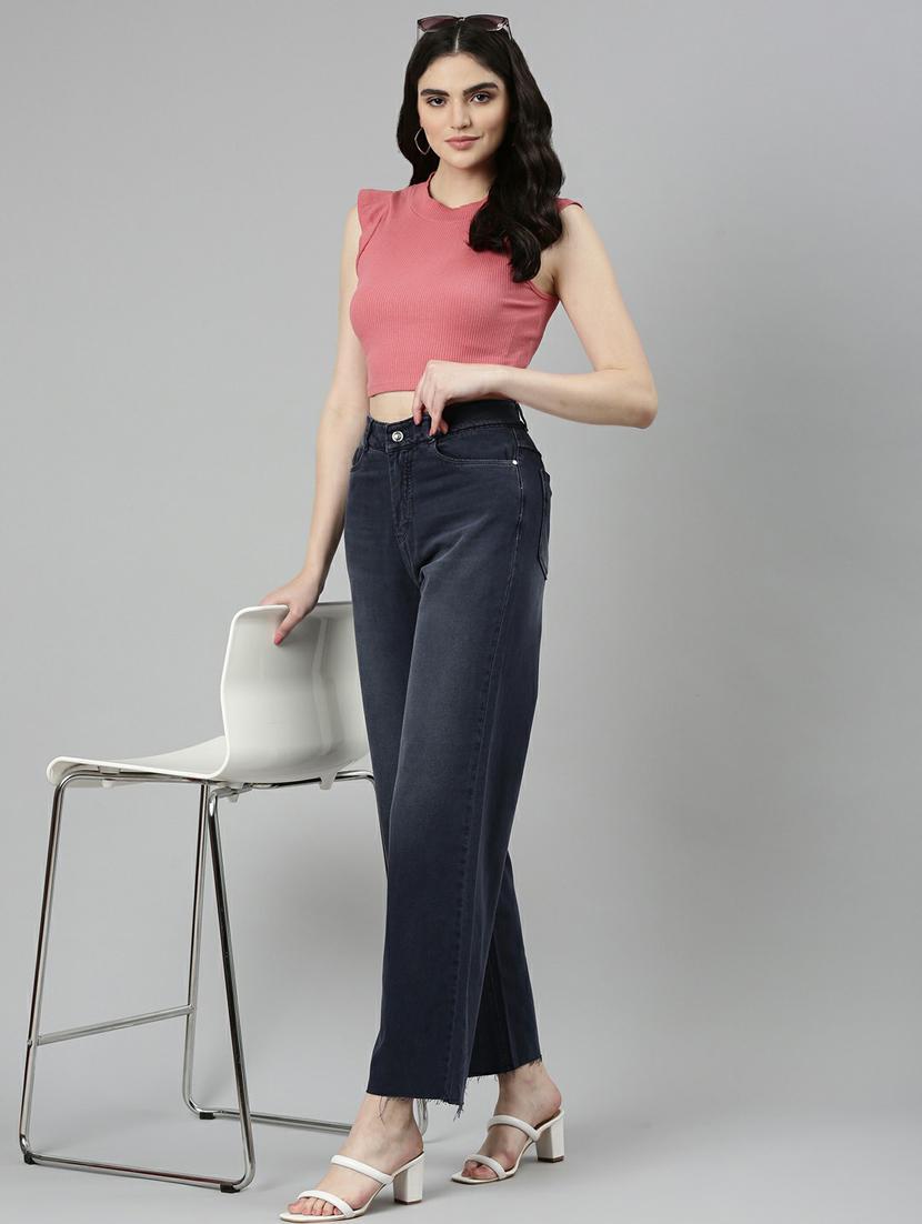 showoff women's high-rise stretchable regular navy blue wide leg jeans - 20249631 - Standard Image - 3