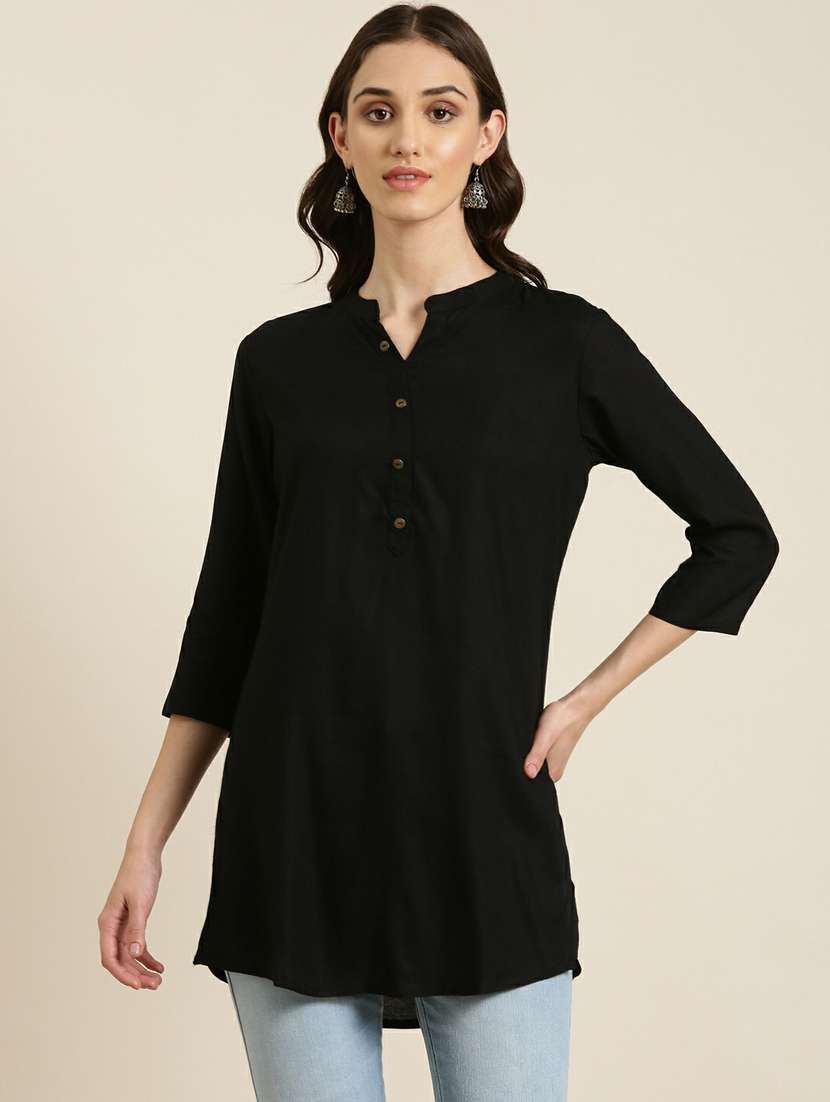 women's mandarin collar solid black straight kurti